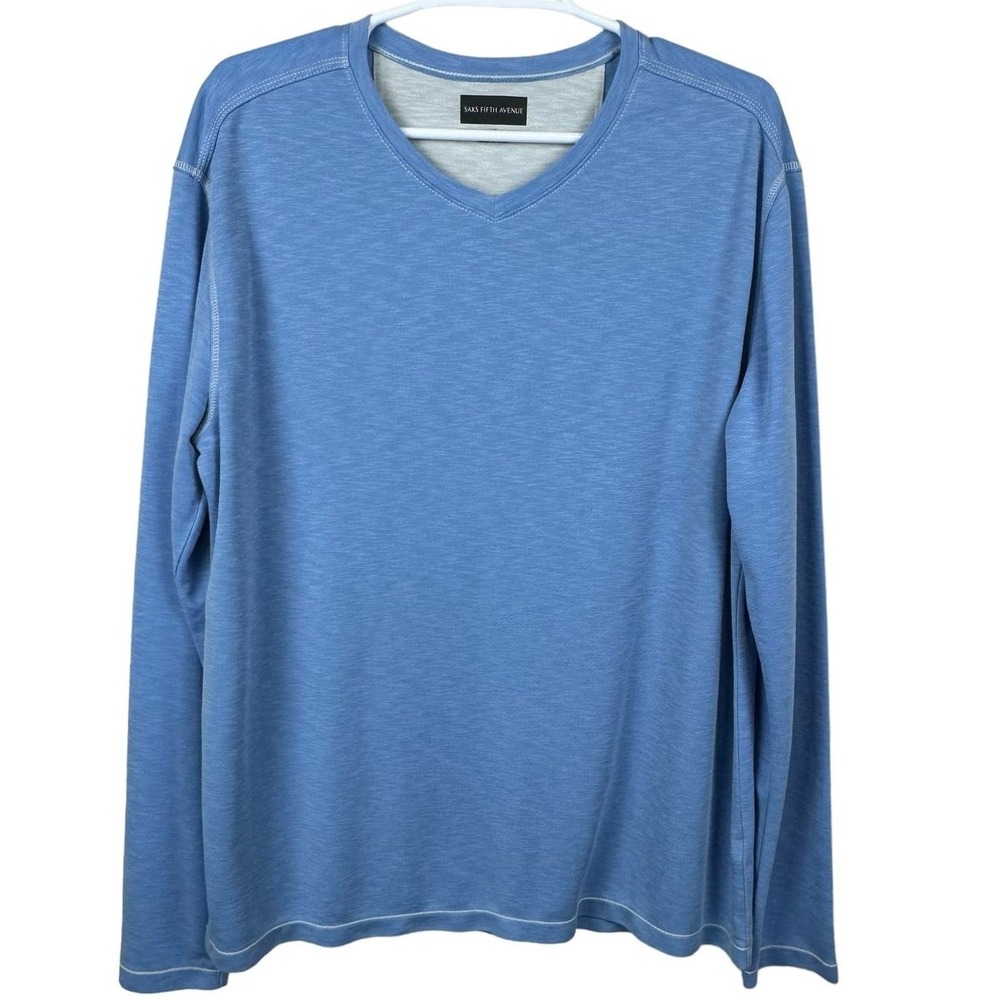Saks Fifth Avenue Mens Pullover Long Sleeve V‎ Neck T Shirt Blue Casual Large